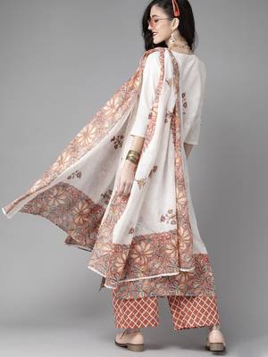 Indo Era Off White Floral Printed Straight Kurta Palazzo Dupatta Set 3