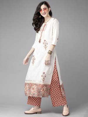 Indo Era Off White Floral Printed Straight Kurta Palazzo Dupatta Set 4