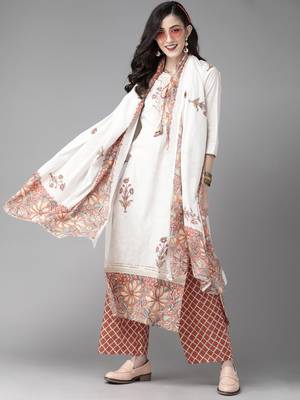 Indo Era Off White Floral Printed Straight Kurta Palazzo Dupatta Set 1