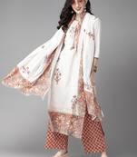 Indo Era Off White Floral Printed Straight Kurta Palazzo Dupatta Set