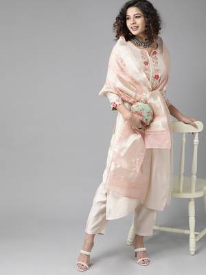 Indo Era Off White Embroidered Straight Kurta Trouser With Dupatta Set 1