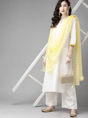 Indo Era Off White Embroidered Straight Kurta Palazzo With Dupatta Set 1