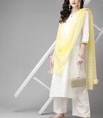 Indo Era Off White Embroidered Straight Kurta Palazzo With Dupatta Set