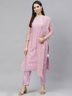 Indo Era Purple Solid Straight Kurta With Trouser And Dupatta Set 1