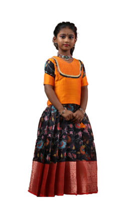 black floral banarasi silk pattu pavadai set 1
