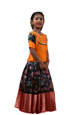 black floral banarasi silk pattu pavadai set 2