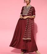 Indo Era Maroon Embroidered A-line Kurta Trouser With Dupatta Set