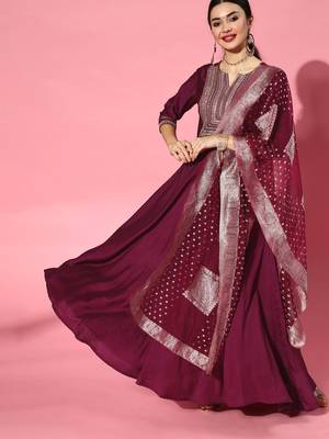 Indo Era Purple Embroidered A-line Kurta Trouser With Dupatta Set 1