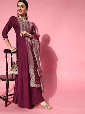 Indo Era Purple Embroidered A-line Kurta Trouser With Dupatta Set 4