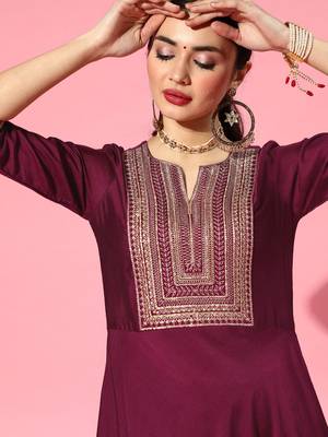 Indo Era Purple Embroidered A-line Kurta Trouser With Dupatta Set 5
