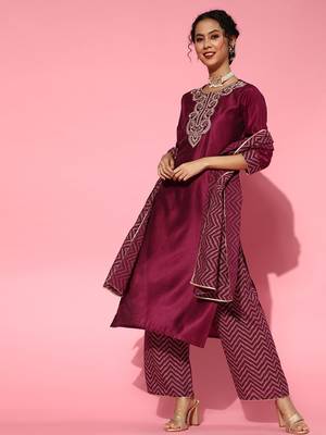 Indo Era Wine Embroidered Strraight Kurta Palazzo With Dupatta Set 1
