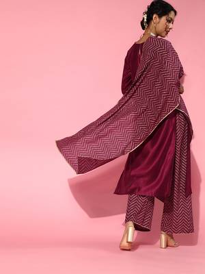 Indo Era Wine Embroidered Strraight Kurta Palazzo With Dupatta Set 2