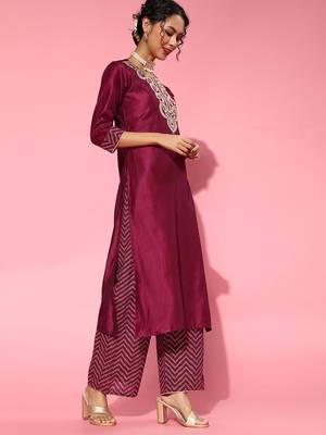 Indo Era Wine Embroidered Strraight Kurta Palazzo With Dupatta Set 3