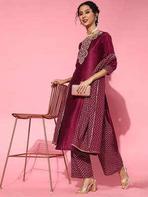 Indo Era Wine Embroidered Strraight Kurta Palazzo With Dupatta Set 4