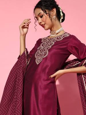 Indo Era Wine Embroidered Strraight Kurta Palazzo With Dupatta Set 5