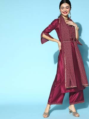 Indo Era Wine Solid Straight Kurta Palazzo With Dupatta Set 1