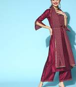 Indo Era Wine Solid Straight Kurta Palazzo With Dupatta Set