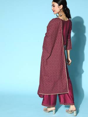 Indo Era Wine Solid Straight Kurta Palazzo With Dupatta Set 2