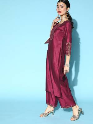 Indo Era Wine Solid Straight Kurta Palazzo With Dupatta Set 3