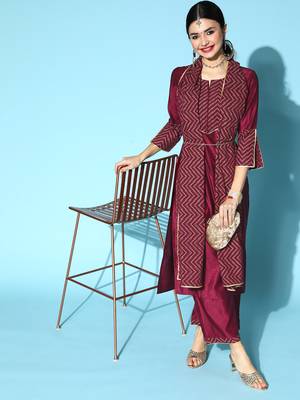 Indo Era Wine Solid Straight Kurta Palazzo With Dupatta Set 4