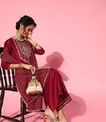 Indo Era Red Solid Straight Kurta Palazzo With Dupatta Set