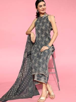 Indo Era Grey Printed Straight Kurta Trouser With Dupatta Set 1
