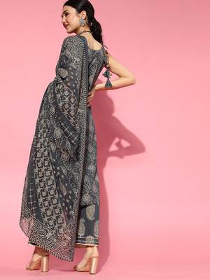Indo Era Grey Printed Straight Kurta Trouser With Dupatta Set 2