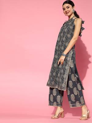 Indo Era Grey Printed Straight Kurta Trouser With Dupatta Set 3