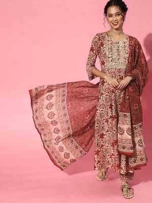 Indo Era Red Printed A-line Kurta Trouser With Dupatta Set 1