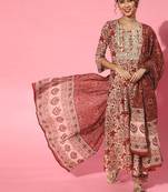 Indo Era Red Printed A-line Kurta Trouser With Dupatta Set