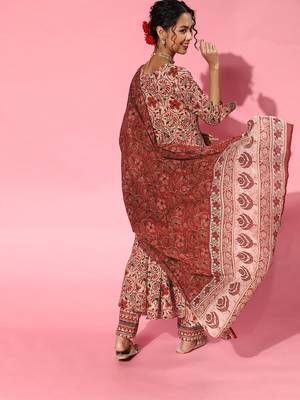 Indo Era Red Printed A-line Kurta Trouser With Dupatta Set 2