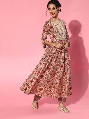 Indo Era Red Printed A-line Kurta Trouser With Dupatta Set 3