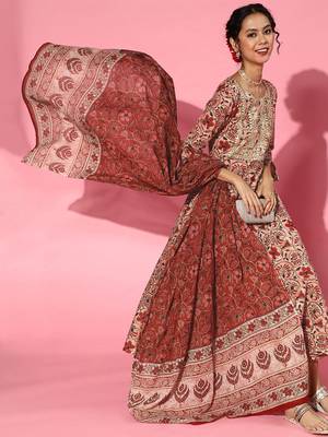 Indo Era Red Printed A-line Kurta Trouser With Dupatta Set 4