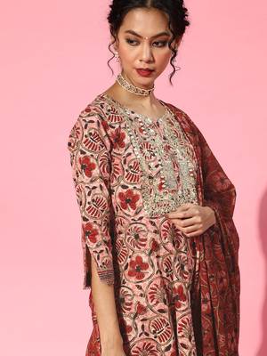 Indo Era Red Printed A-line Kurta Trouser With Dupatta Set 5