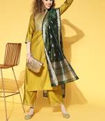 Indo Era Olive Embroidered Straight Kurta Palazzo With Dupatta Set