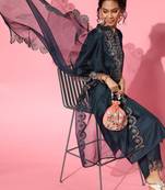 Indo Era Navy Blue Embroidered Straight Kurta Trouser With Dupatta Set