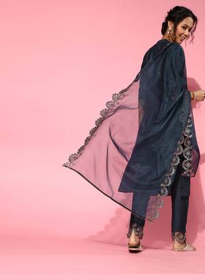 Indo Era Navy Blue Embroidered Straight Kurta Trouser With Dupatta Set 2