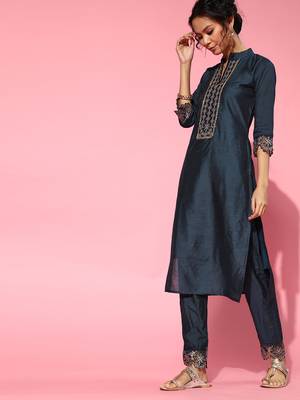 Indo Era Navy Blue Embroidered Straight Kurta Trouser With Dupatta Set 3