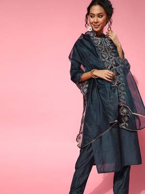 Indo Era Navy Blue Embroidered Straight Kurta Trouser With Dupatta Set 4