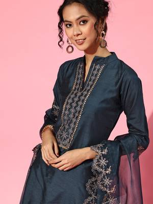 Indo Era Navy Blue Embroidered Straight Kurta Trouser With Dupatta Set 5