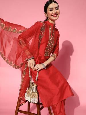 Indo Era Red Embroidered Straight Kurta Trouser With Dupatta Set 1