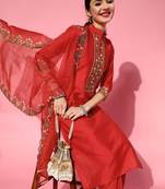 Indo Era Red Embroidered Straight Kurta Trouser With Dupatta Set