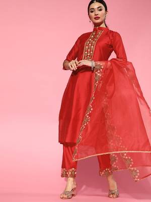 Indo Era Red Embroidered Straight Kurta Trouser With Dupatta Set 2