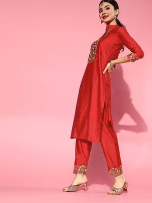 Indo Era Red Embroidered Straight Kurta Trouser With Dupatta Set 4
