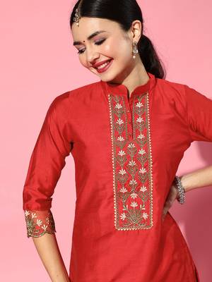 Indo Era Red Embroidered Straight Kurta Trouser With Dupatta Set 5
