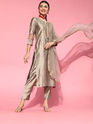Indo Era Grey Embroidered Straight Kurta Trouser With Dupatta Set 1