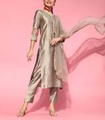 Indo Era Grey Embroidered Straight Kurta Trouser With Dupatta Set