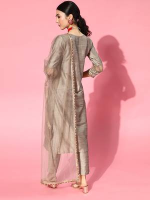 Indo Era Grey Embroidered Straight Kurta Trouser With Dupatta Set 2