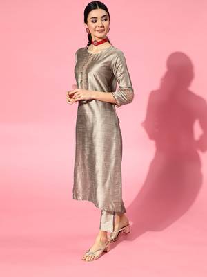 Indo Era Grey Embroidered Straight Kurta Trouser With Dupatta Set 3