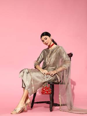 Indo Era Grey Embroidered Straight Kurta Trouser With Dupatta Set 4